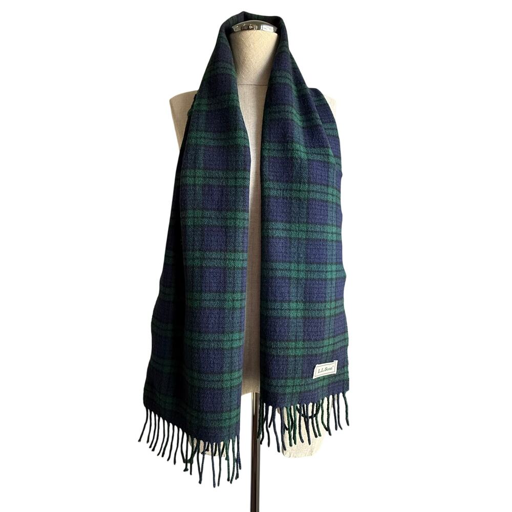L.L.Bean Wool Blend Plaid Scarf Green Blue Tartan Made in Italy 50"x12"